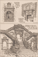 Toledo: sketch Detail of Window de Santa Cruz, 17 c. Doorway, Burgos Cathedral Staircase
